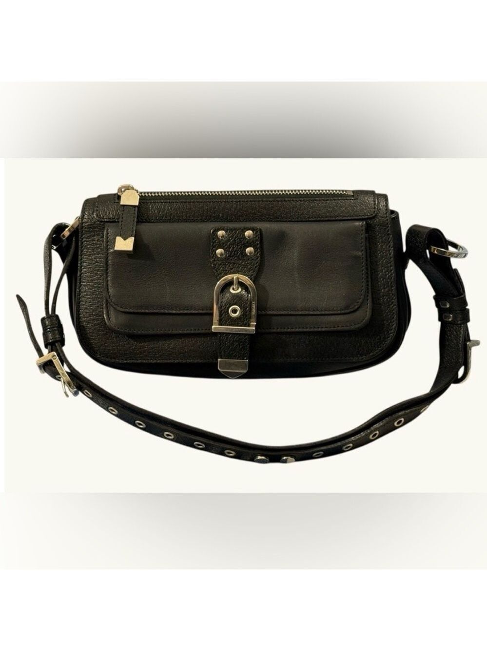Versace Black Leather Mini Shoulder Bag Silver Hardware Studded Detail Y2K